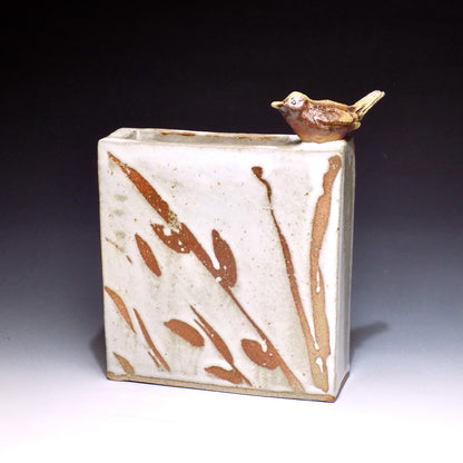 White Square Vase with Sparrow 1