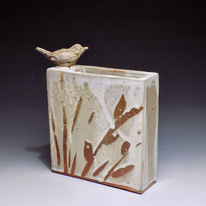 White Square Vase with Sparrow 1