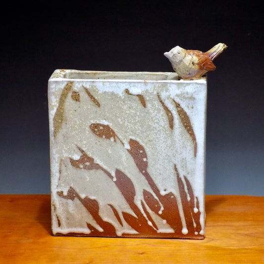 White Square Vase with Sparrow 2