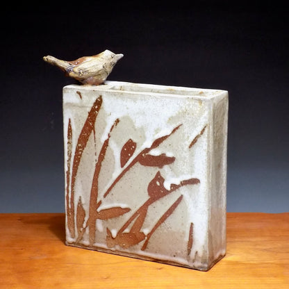 White Square Vase with Sparrow 2