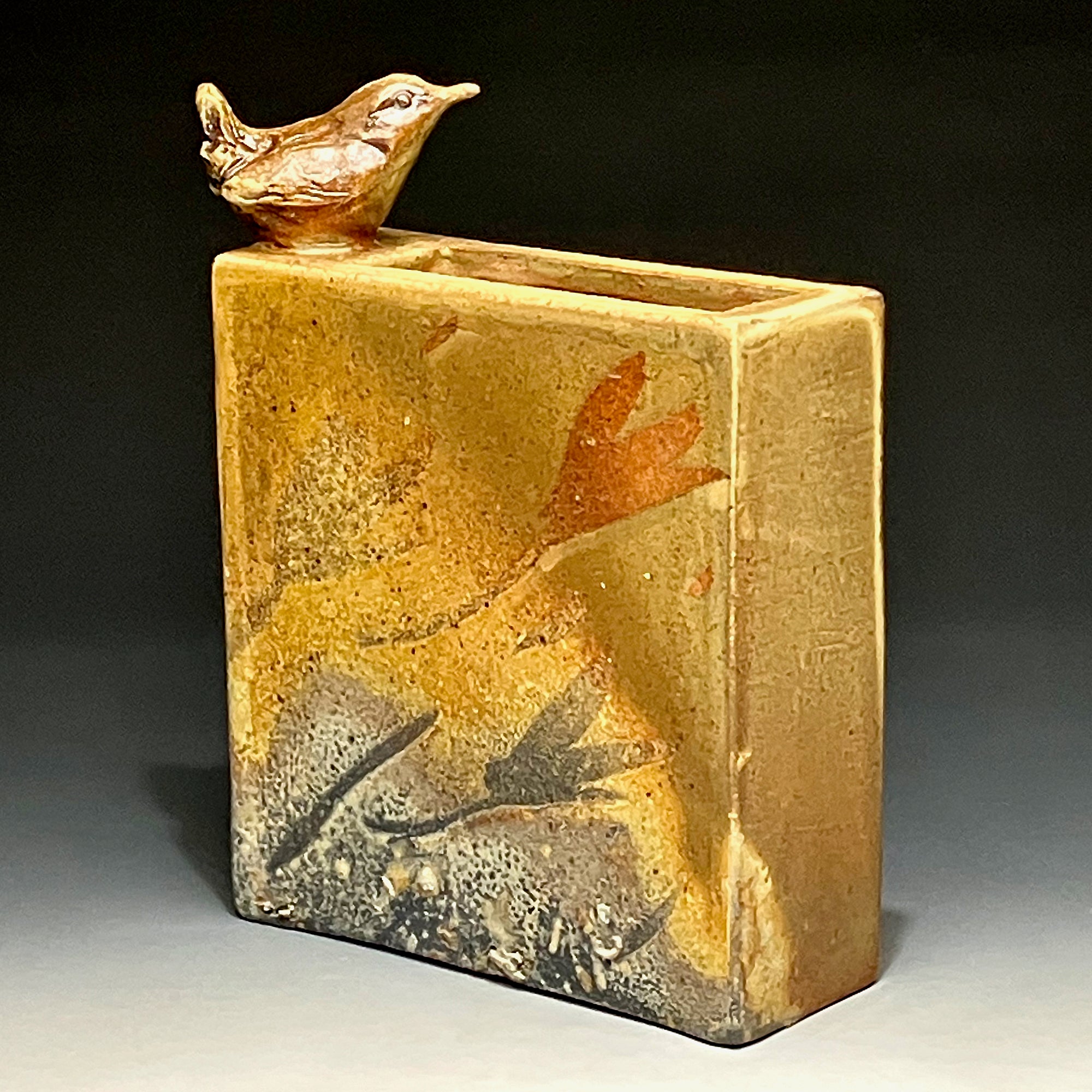 Liza Fisher Pottery square gold bird vase